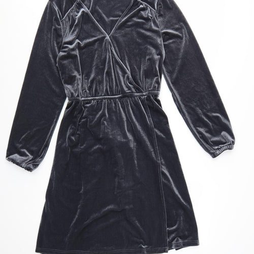 FatFace Women Grey Velvet Wrap Dress Size 16 Long Sleeve Belted