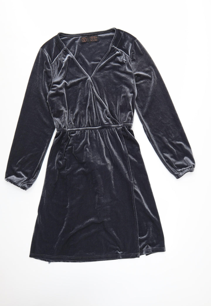 FatFace Women Grey Velvet Wrap Dress Size 16 Long Sleeve Belted