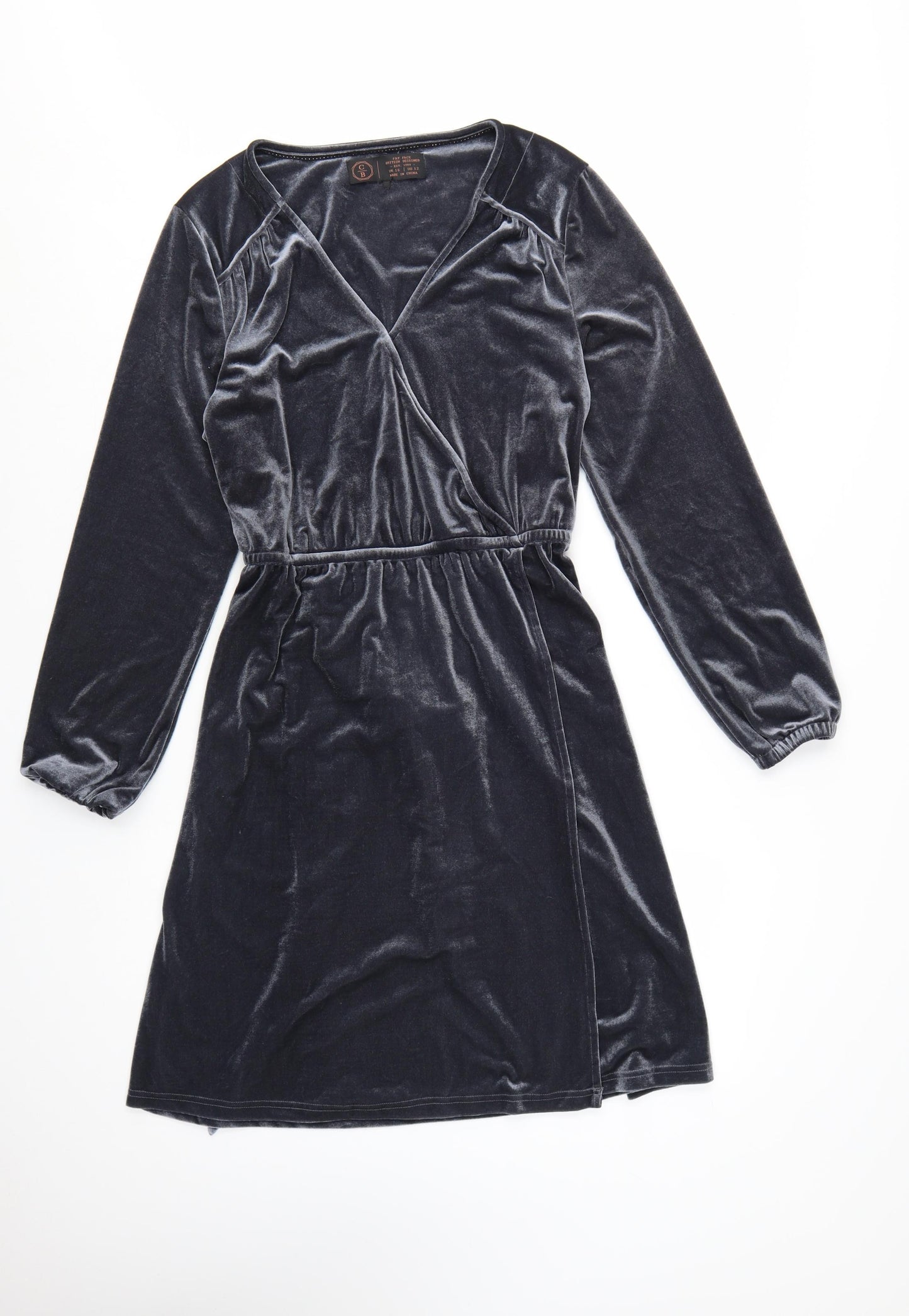 FatFace Women Grey Velvet Wrap Dress Size 16 Long Sleeve Belted