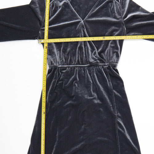 FatFace Women Grey Velvet Wrap Dress Size 16 Long Sleeve Belted