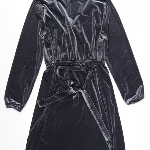 FatFace Women Grey Velvet Wrap Dress Size 16 Long Sleeve Belted