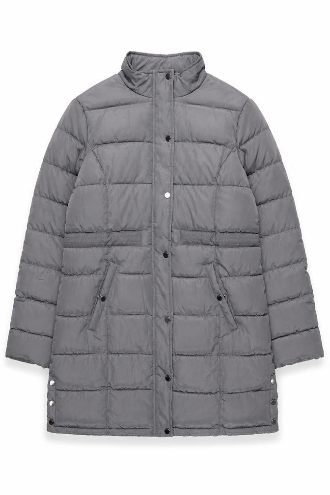 Front view of Maine New England women’s grey long puffer coat, size UK 20