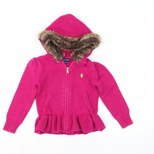 Ralph Lauren Girls Pink Full Zip Hooded Cardigan Faux Fur Trim Size 4 Years