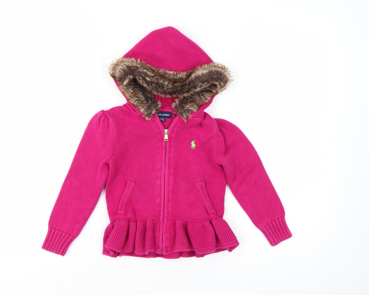 Ralph Lauren Girls Pink Full Zip Hooded Cardigan Faux Fur Trim Size 4 Years