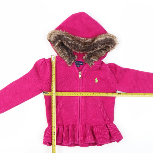 Ralph Lauren Girls Pink Full Zip Hooded Cardigan Faux Fur Trim Size 4 Years