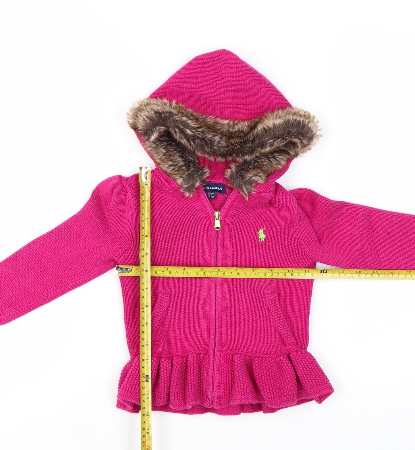 Ralph Lauren Girls Pink Full Zip Hooded Cardigan Faux Fur Trim Size 4 Years