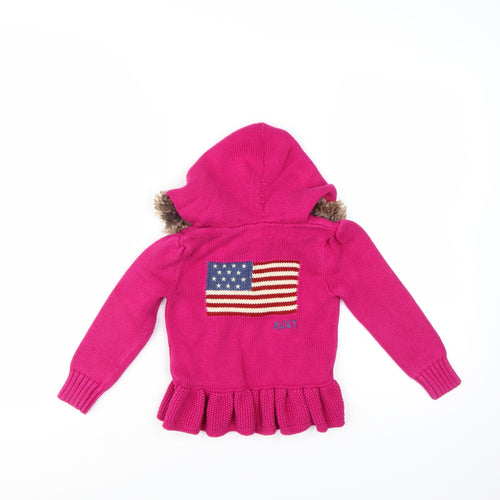 Ralph Lauren Girls Pink Full Zip Hooded Cardigan Faux Fur Trim Size 4 Years
