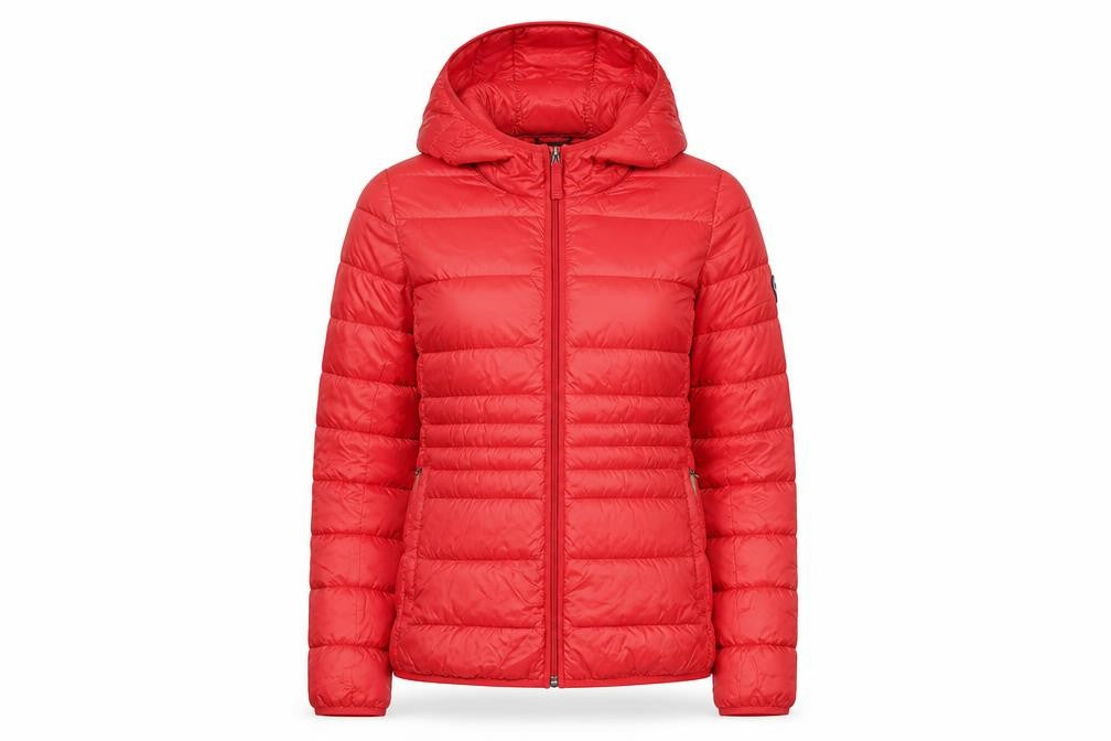 Front view of Abercrombie & Fitch women’s red hooded puffer jacket m wind resistant