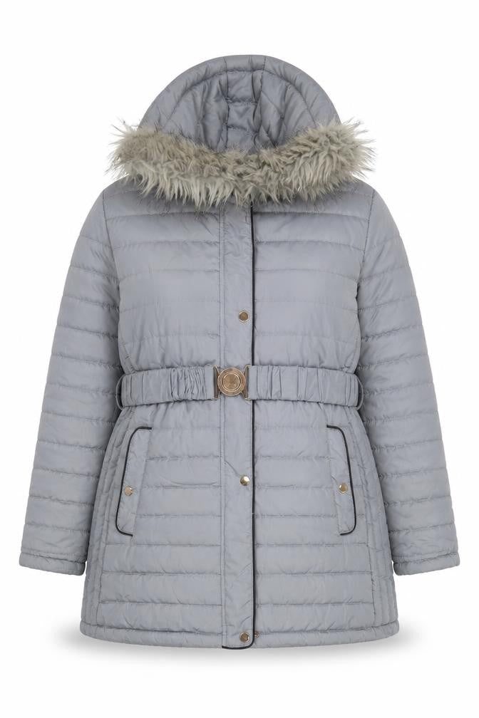 Ellie B Women’s Grey Plus Size 20 Puffer Coat with Faux Fur Hood