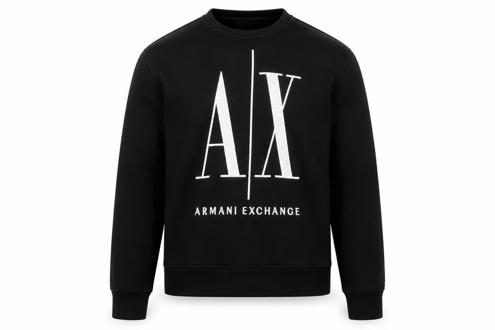Front view of Armani Exchange men’s black small pullover sweatshirt with logo print