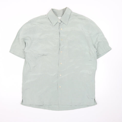 Marks and Spencer Men's Green Short Sleeve Vintage Button-Up Shirt M