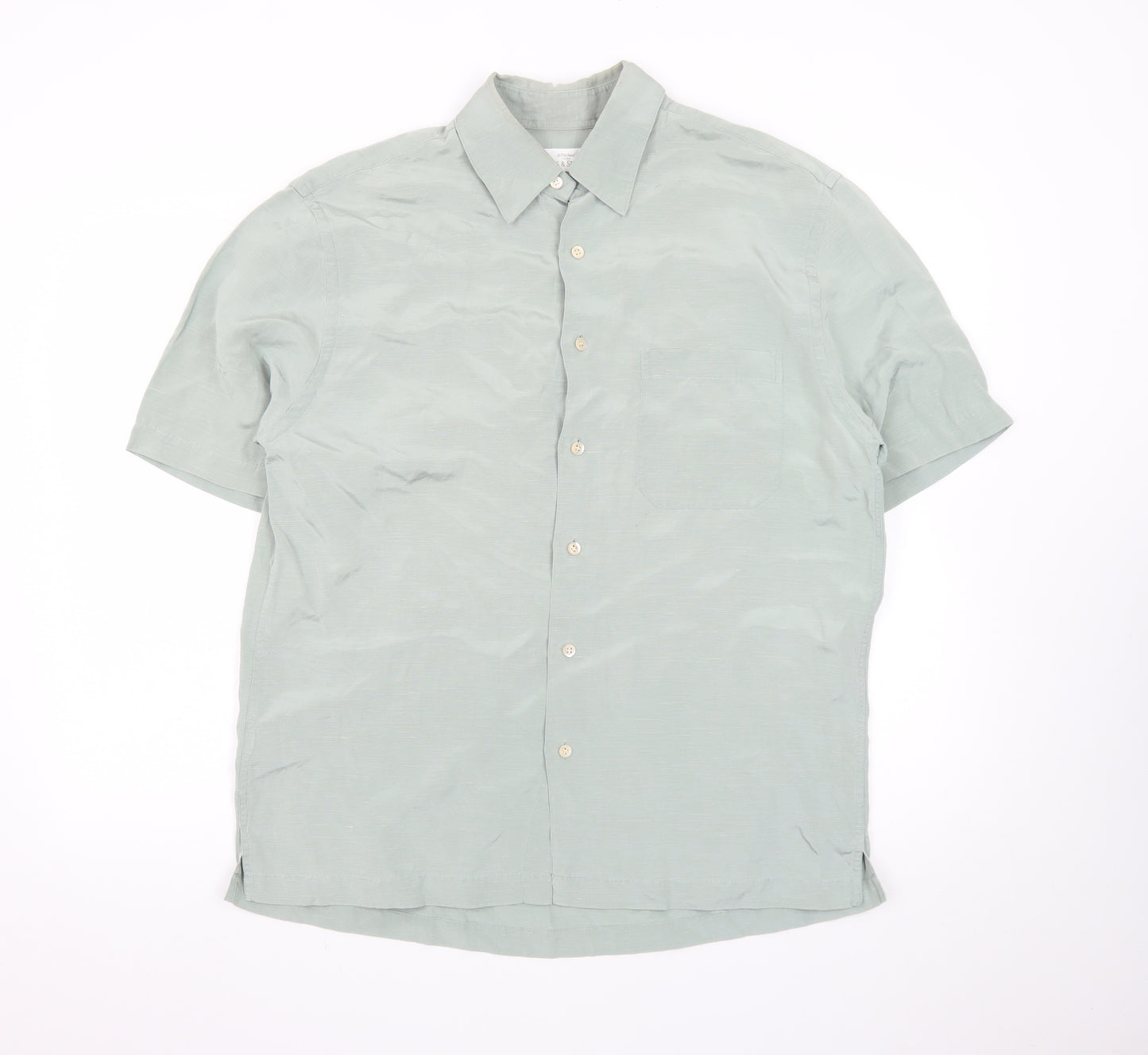 Marks and Spencer Men's Green Short Sleeve Vintage Button-Up Shirt M
