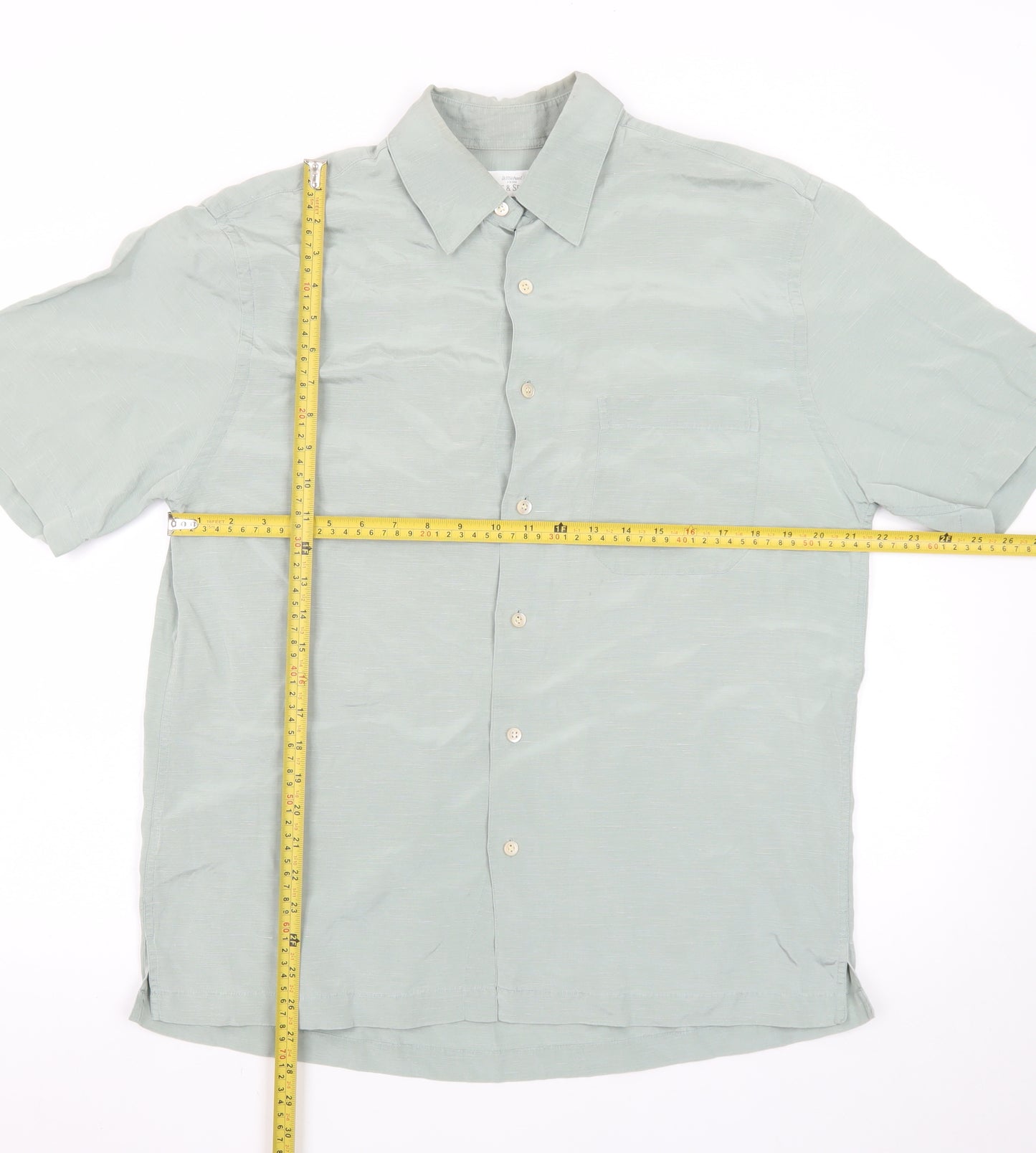 Marks and Spencer Men's Green Short Sleeve Vintage Button-Up Shirt M
