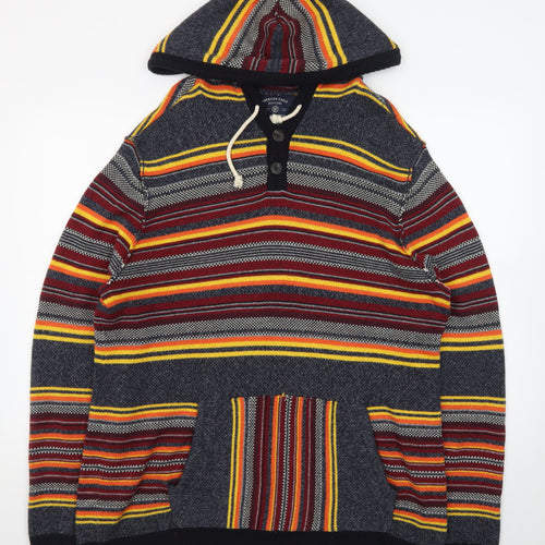 American Eagle Men's Multicoloured Striped Henley Hoodie L