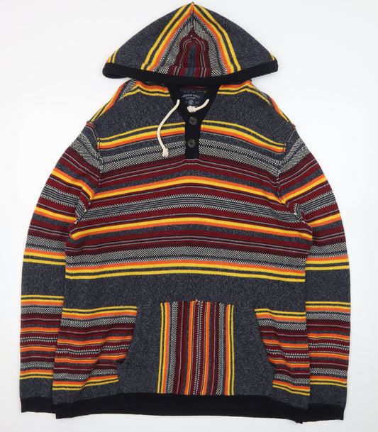 American Eagle Men's Multicoloured Striped Henley Hoodie L
