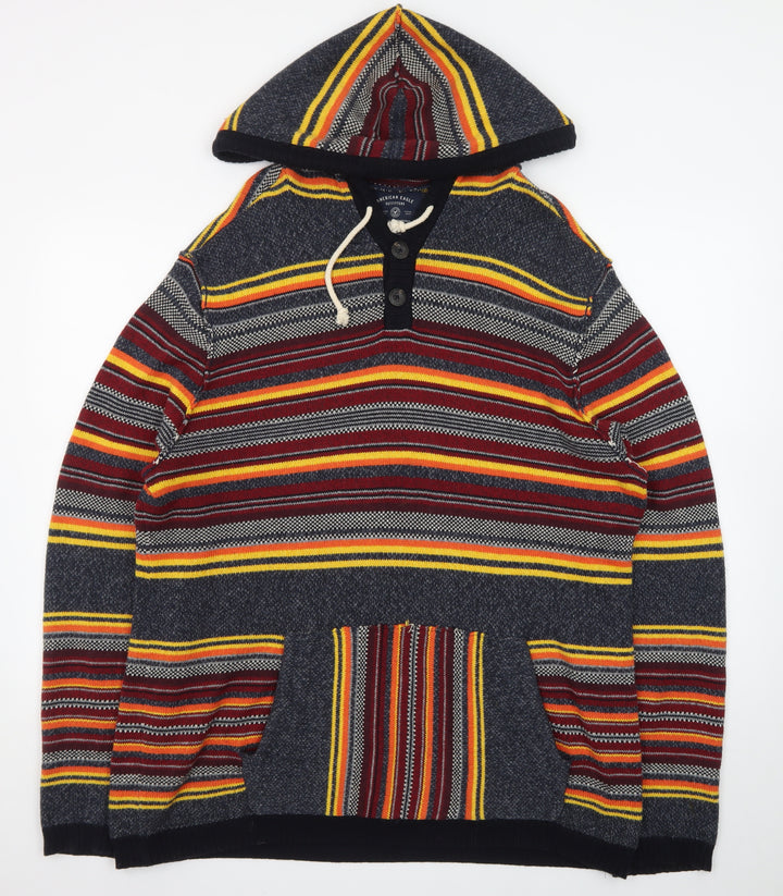 American Eagle Men's Multicoloured Striped Henley Hoodie L
