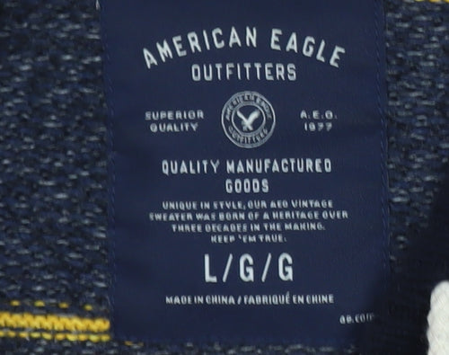 American Eagle Men's Multicoloured Striped Henley Hoodie L