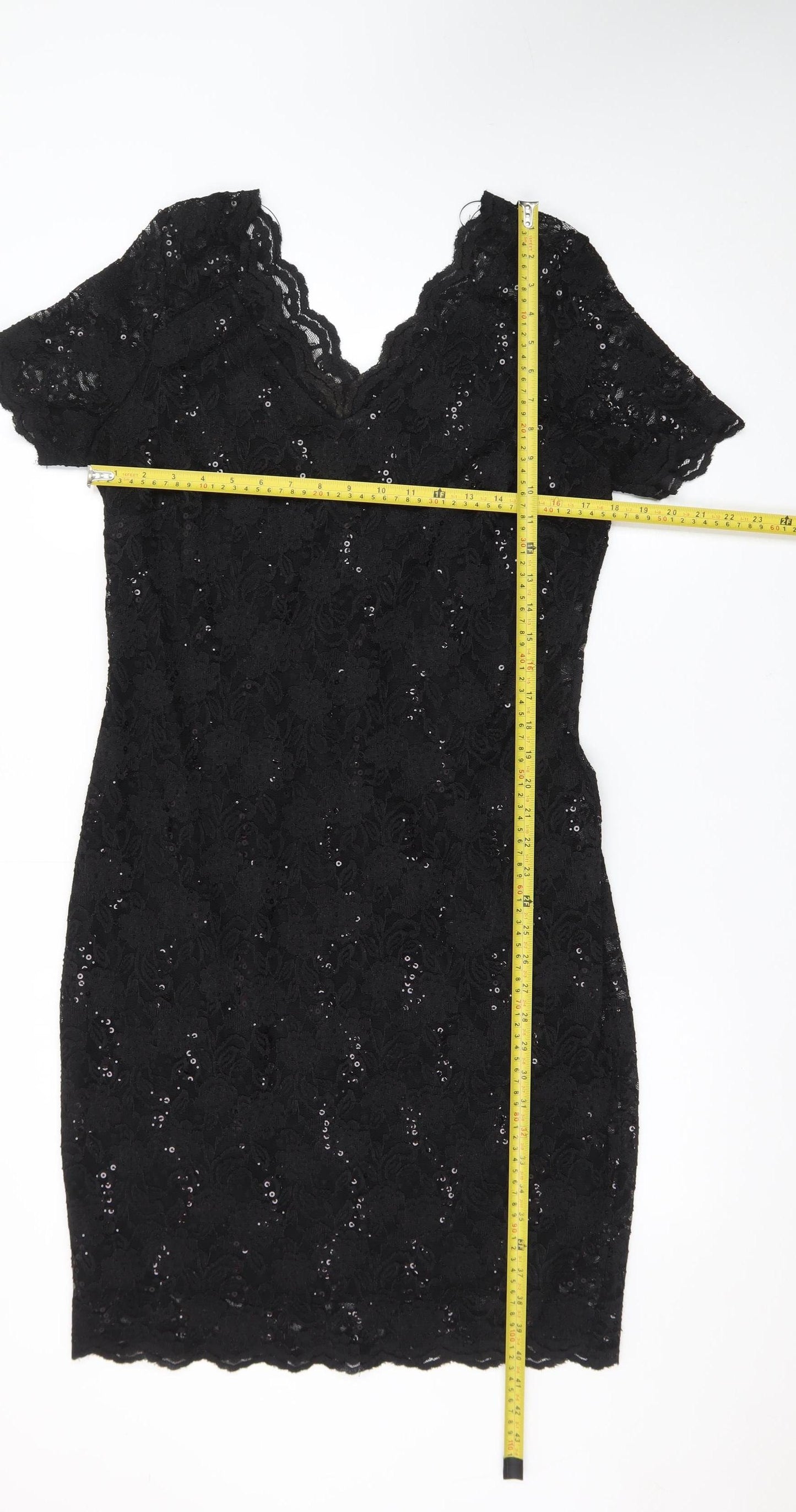 George Women Black Lace Sequin Bodycon Knee Length Dress Size 16