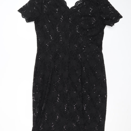 George Women Black Lace Sequin Bodycon Knee Length Dress Size 16