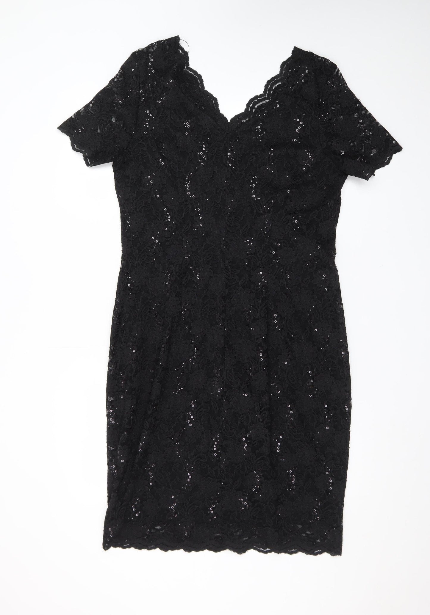 George Women Black Lace Sequin Bodycon Knee Length Dress Size 16