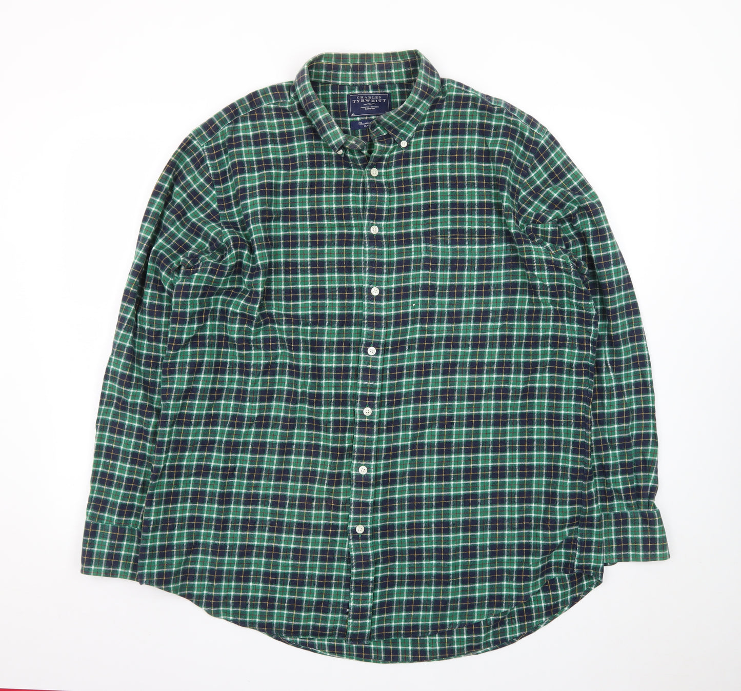 Charles Tyrwhitt Men's Green Check Brushed Cotton Classic Fit Shirt XL