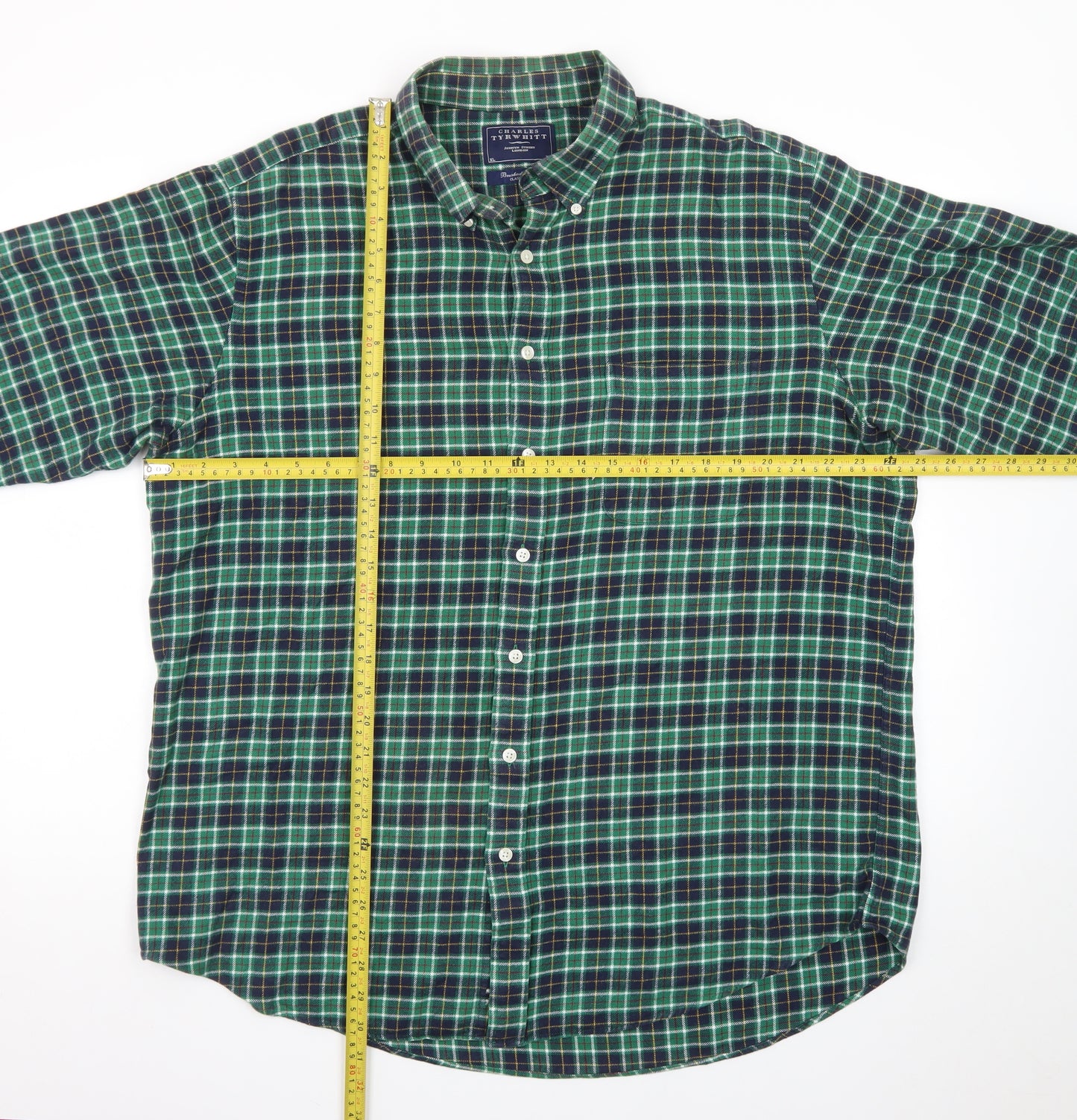 Charles Tyrwhitt Men's Green Check Brushed Cotton Classic Fit Shirt XL