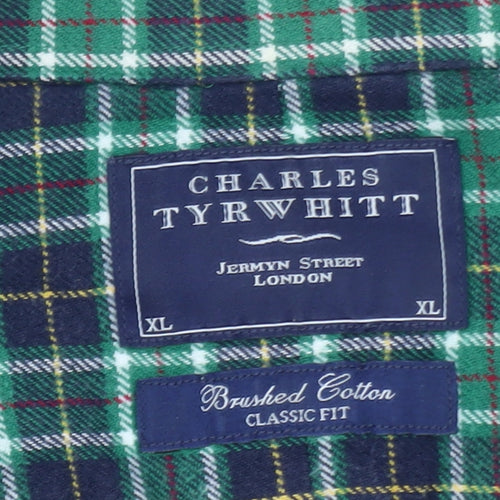 Charles Tyrwhitt Men's Green Check Brushed Cotton Classic Fit Shirt XL