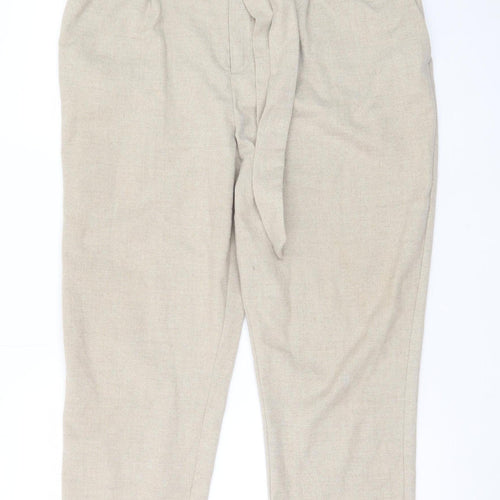 H&M Women’s Beige Paperbag Trousers Size 14 Belted Tapered Pants