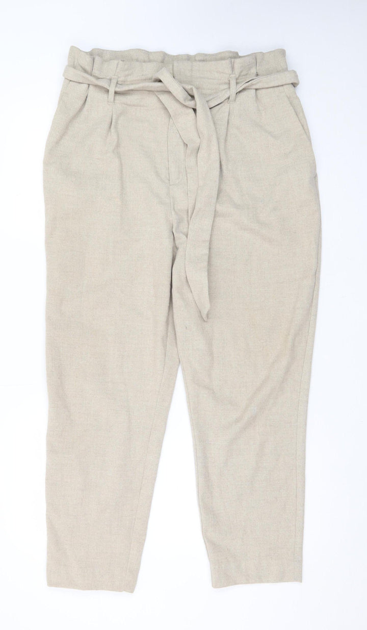 H&M Women’s Beige Paperbag Trousers Size 14 Belted Tapered Pants