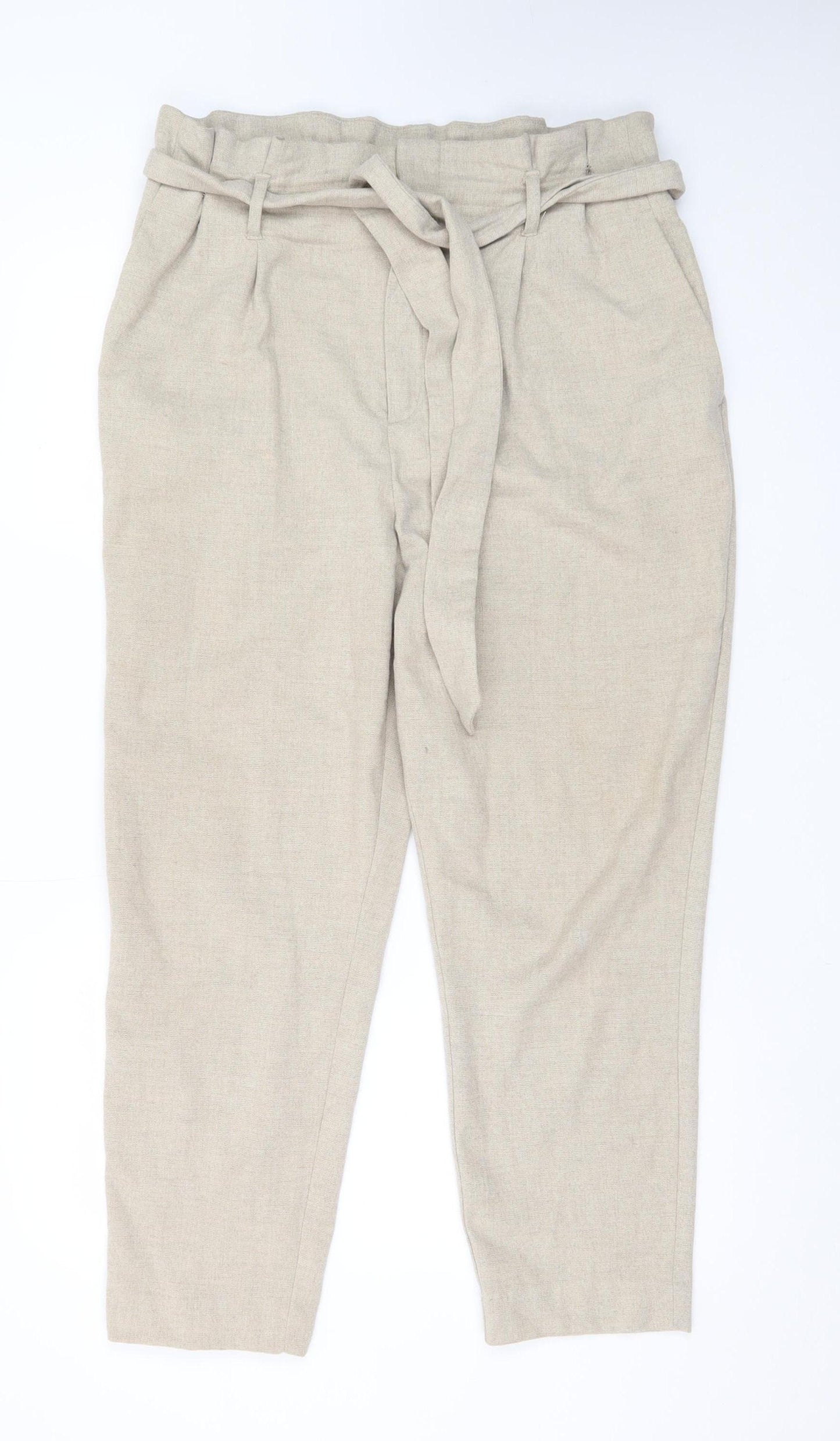 H&M Women’s Beige Paperbag Trousers Size 14 Belted Tapered Pants