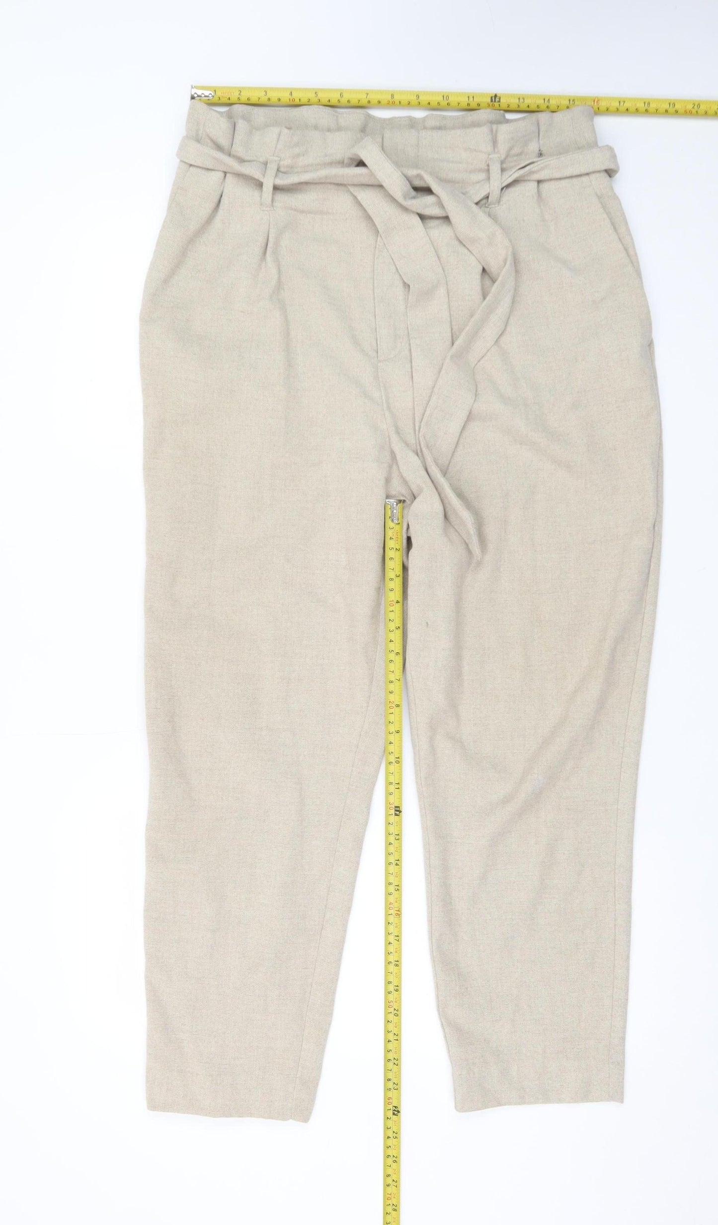 H&M Women’s Beige Paperbag Trousers Size 14 Belted Tapered Pants