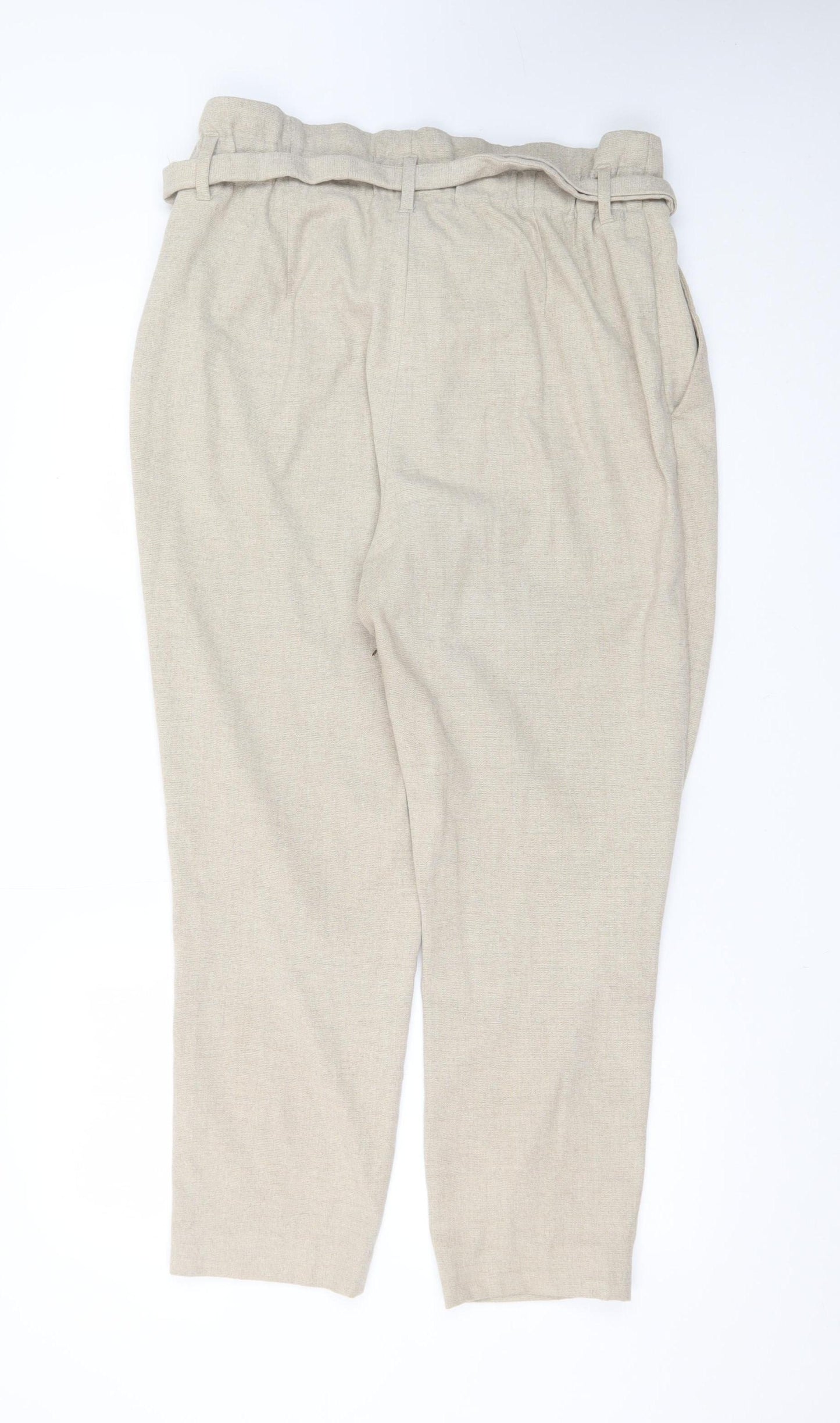 H&M Women’s Beige Paperbag Trousers Size 14 Belted Tapered Pants