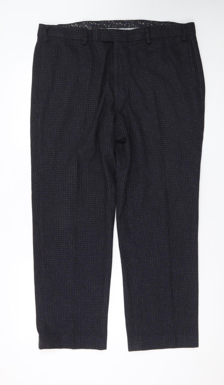 Marks and Spencer Men's Grey Check Wool Blend Chino Trousers 38in Waist 29in Leg