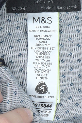 Marks and Spencer Men's Grey Check Wool Blend Chino Trousers 38in Waist 29in Leg