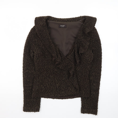 Principles Women Brown Size 10 V-Neck Ruffle Knit Cardigan