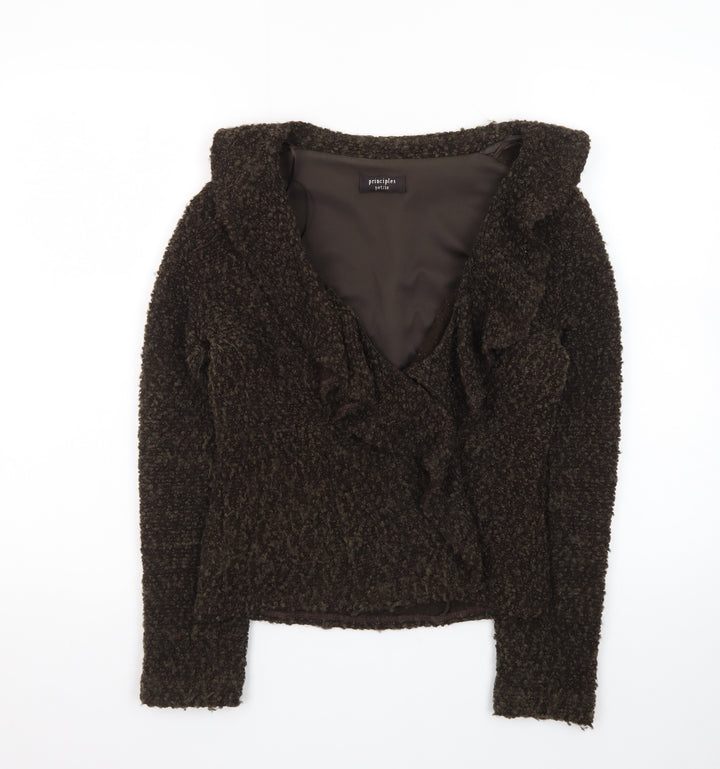 Principles Women Brown Size 10 V-Neck Ruffle Knit Cardigan