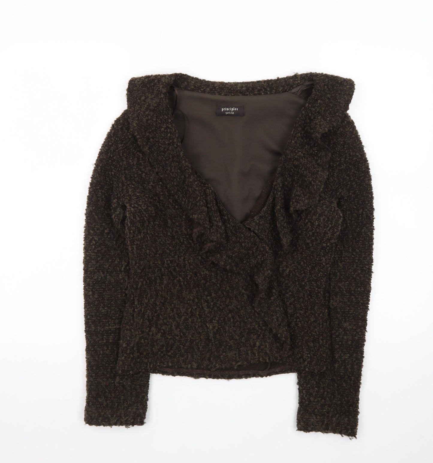 Principles Women Brown Size 10 V-Neck Ruffle Knit Cardigan