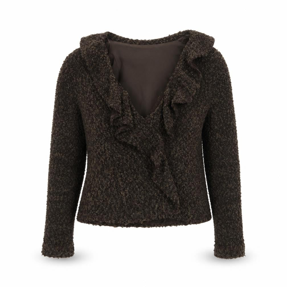 Front view of Principles Women Brown, size 10, V-Neck Ruffle Knit Cardigan