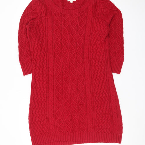 Monsoon Women’s Red Knit Jumper Dress M Crew Neck 3/4 Sleeve