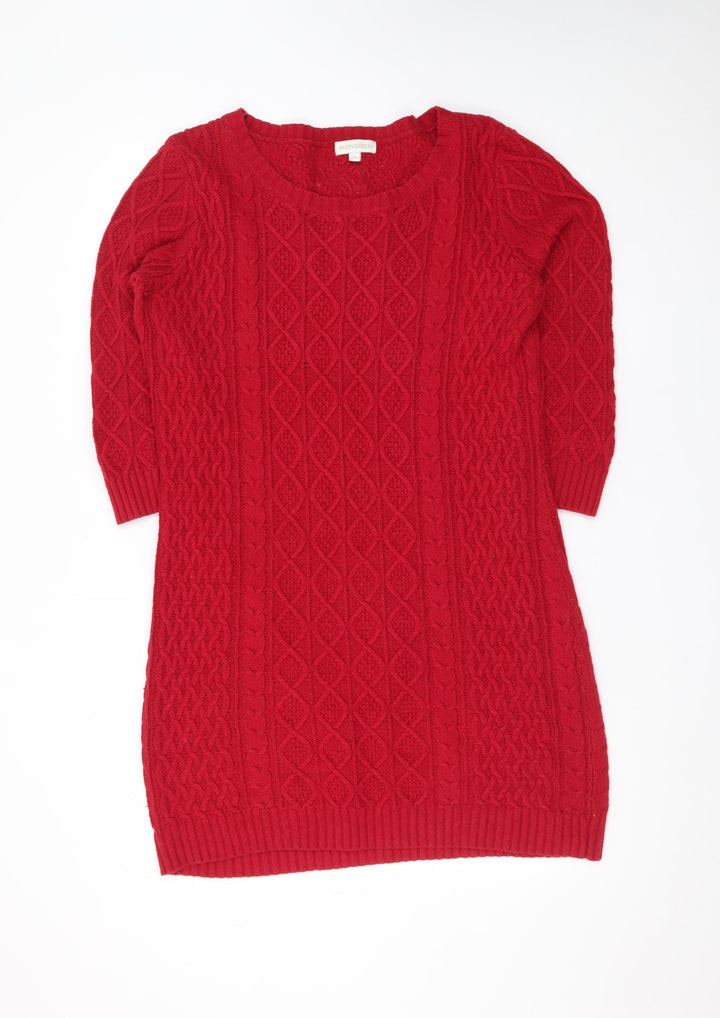 Monsoon Women’s Red Knit Jumper Dress M Crew Neck 3/4 Sleeve