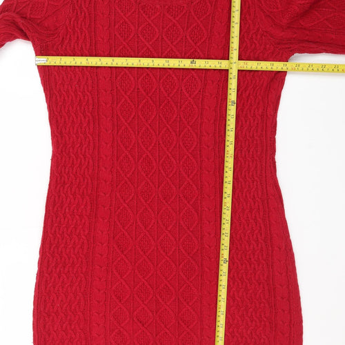 Monsoon Women’s Red Knit Jumper Dress M Crew Neck 3/4 Sleeve