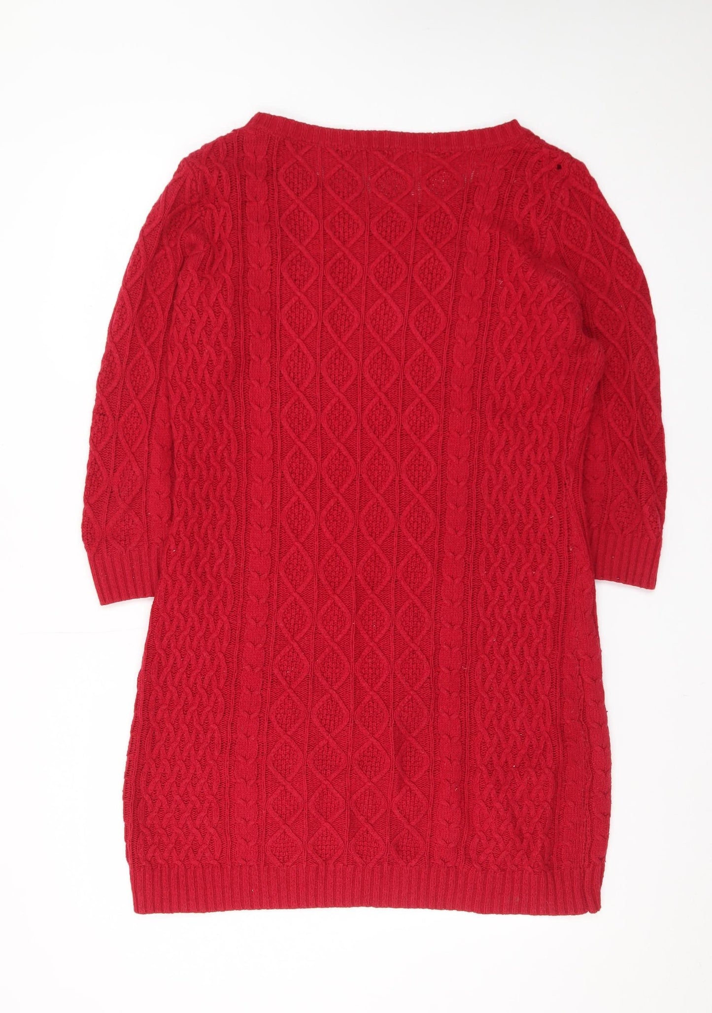Monsoon Women’s Red Knit Jumper Dress M Crew Neck 3/4 Sleeve
