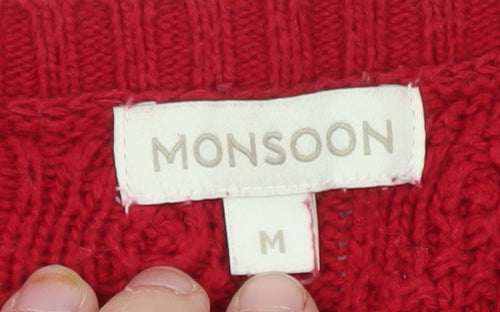 Monsoon Women’s Red Knit Jumper Dress M Crew Neck 3/4 Sleeve