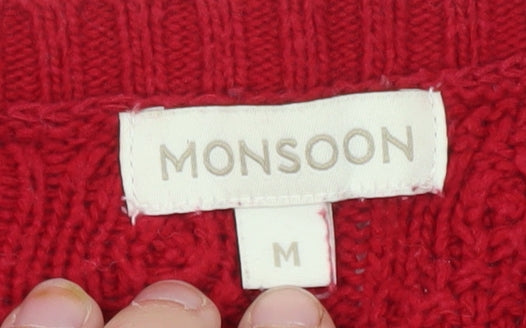 Monsoon Women’s Red Knit Jumper Dress M Crew Neck 3/4 Sleeve