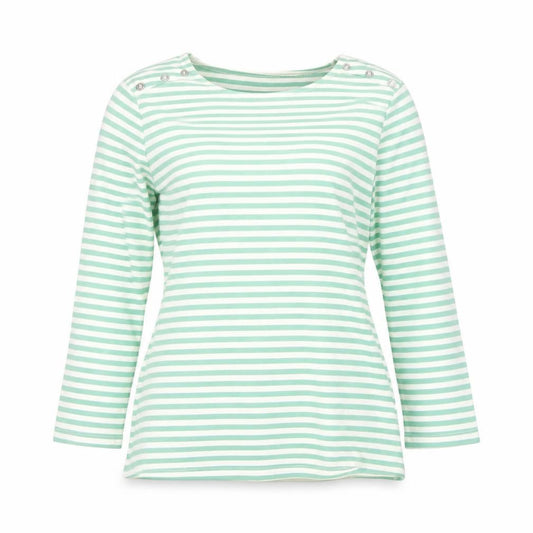 Front view of Principles Petite Women's Green Striped 3/4 Sleeve Cotton T-Shirt, size 12