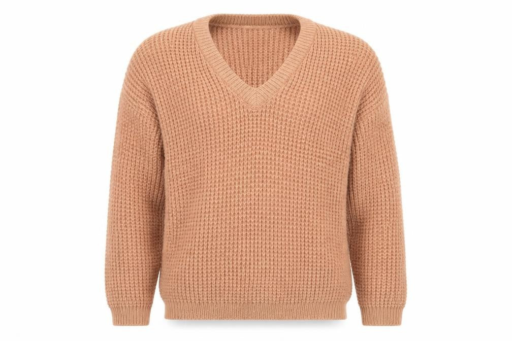 Front view of Peter Werth Men's Beige Wool Chunky V-Neck Jumper, size M
