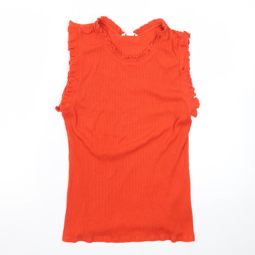 H&M Women Orange Sleeveless Ruffle Trim Ribbed Cotton Tank Top Size L