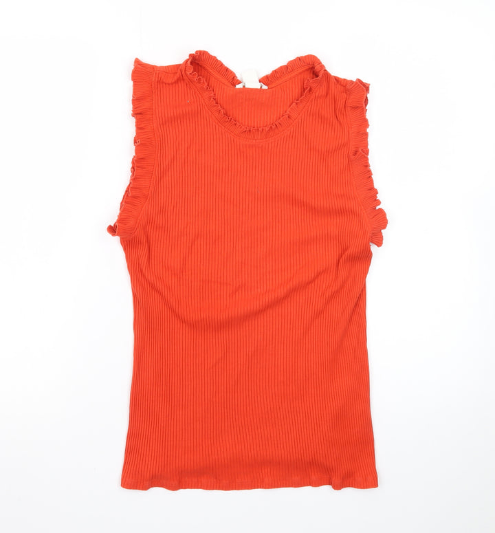 H&M Women Orange Sleeveless Ruffle Trim Ribbed Cotton Tank Top Size L