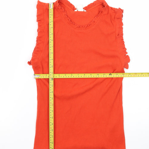 H&M Women Orange Sleeveless Ruffle Trim Ribbed Cotton Tank Top Size L