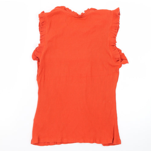 H&M Women Orange Sleeveless Ruffle Trim Ribbed Cotton Tank Top Size L